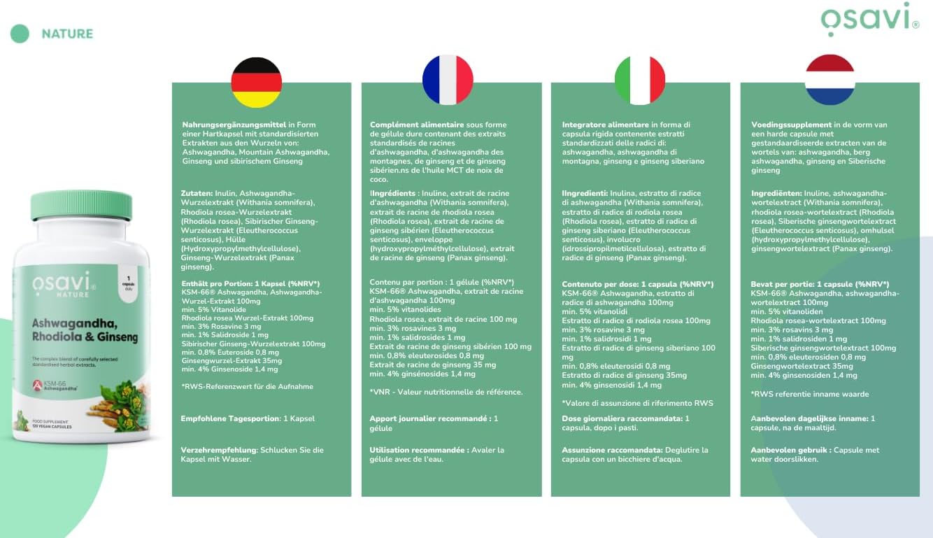 Osavi Ashwagandha + Rhodiola & Ginseng - 120 Vegan Capsules - Image 5