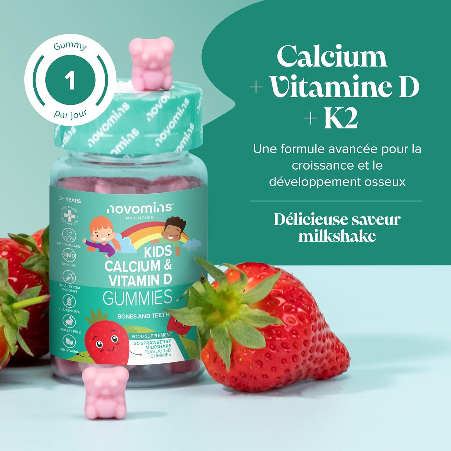 Kid's Calcium Vitamin D Erasers - 160mg Calcium, Vitamin D3 (400 IU), K2 - Bone & Teeth, Growth, Immunity - Gelatin Free, Gluten Free - 30 Gummies - Novomins - Image 3