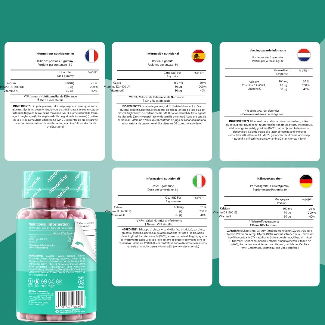 Kid's Calcium Vitamin D Erasers - 160mg Calcium, Vitamin D3 (400 IU), K2 - Bone & Teeth, Growth, Immunity - Gelatin Free, Gluten Free - 30 Gummies - Novomins - Image 10