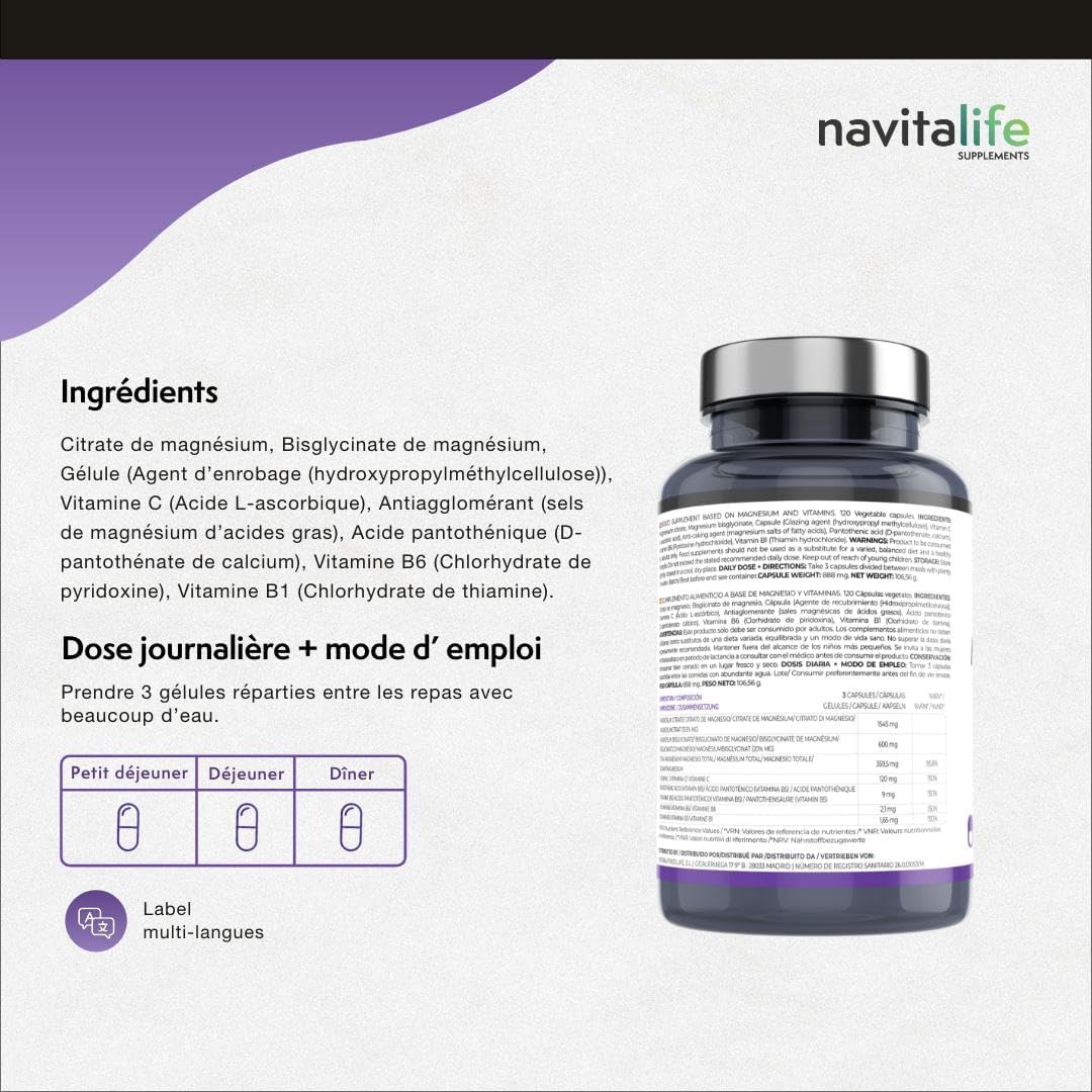 Magnesium Pure Citrate 1545mg + Magnesium Bisglycinate 600mg + Vitamin C, B6, B1, B5 | Reduces Fatigue and Exhaustion | Relieves Joint and Muscle Pain, 120 Capsules - Image 6