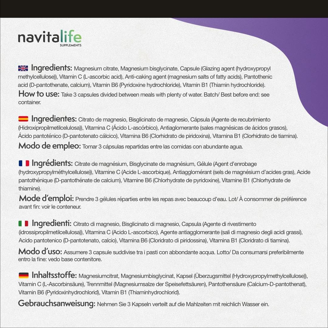 Magnesium Pure Citrate 1545mg + Magnesium Bisglycinate 600mg + Vitamin C, B6, B1, B5 | Reduces Fatigue and Exhaustion | Relieves Joint and Muscle Pain, 120 Capsules - Image 7