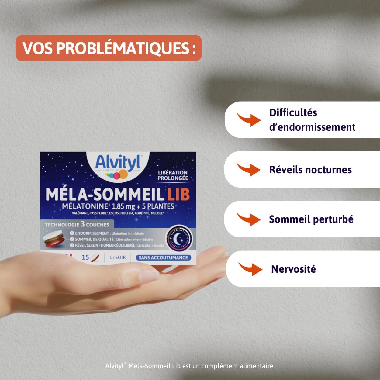 Alvityl Méla-Sommeil LIB Melatonin + 5 Plants - Prolonged Release Trilayer Tablet - Repairing Night - 15 Tri-Layer Tablets - Image 3