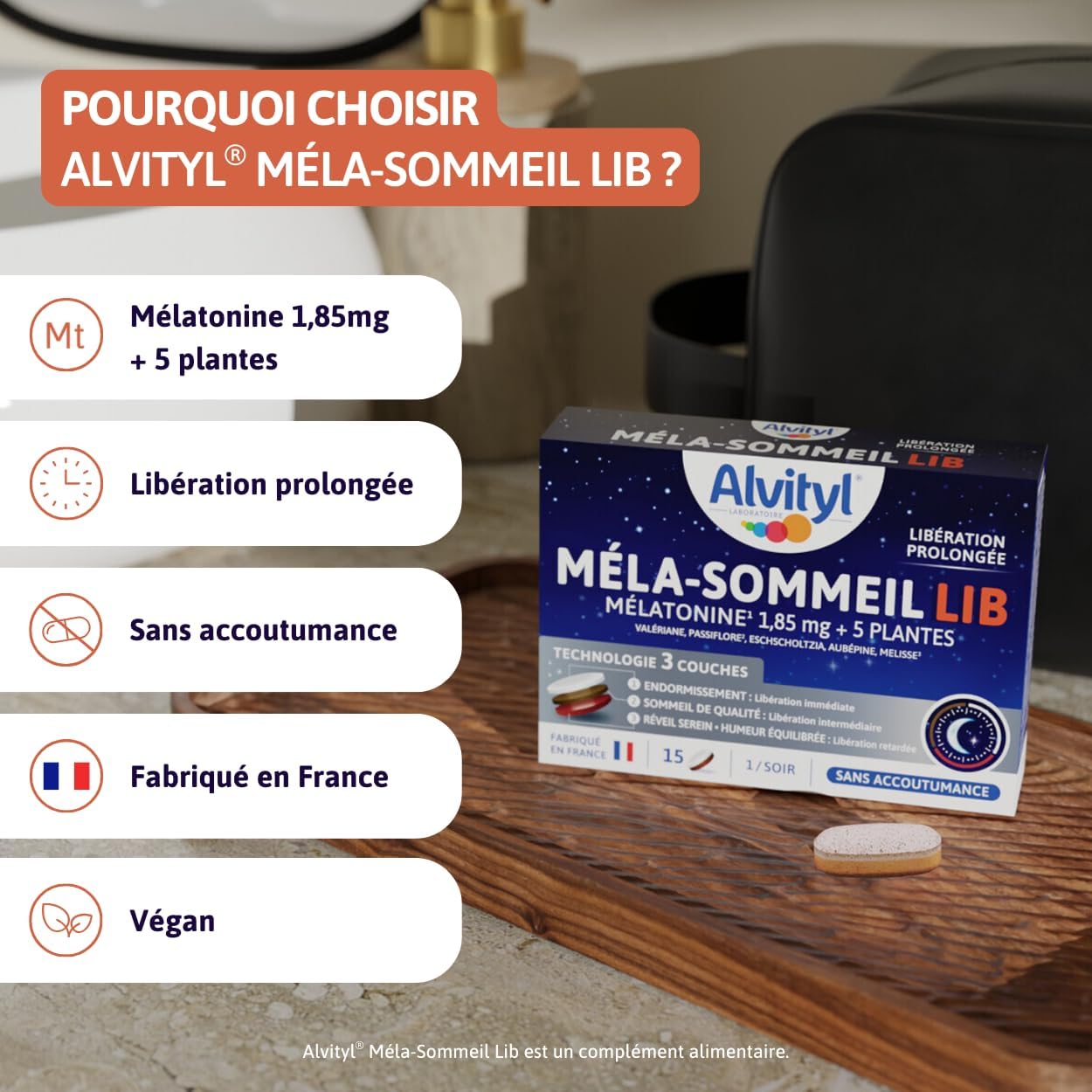 Alvityl Méla-Sommeil LIB Melatonin + 5 Plants - Prolonged Release Trilayer Tablet - Repairing Night - 15 Tri-Layer Tablets - Image 4