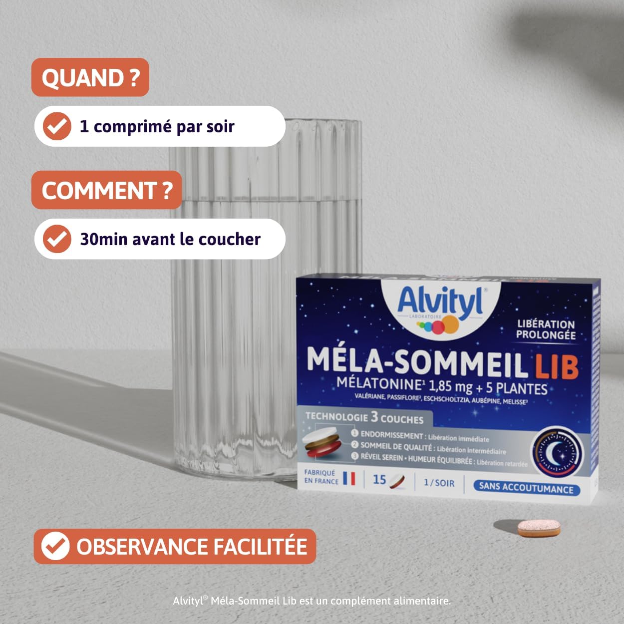 Alvityl Méla-Sommeil LIB Melatonin + 5 Plants - Prolonged Release Trilayer Tablet - Repairing Night - 15 Tri-Layer Tablets - Image 6