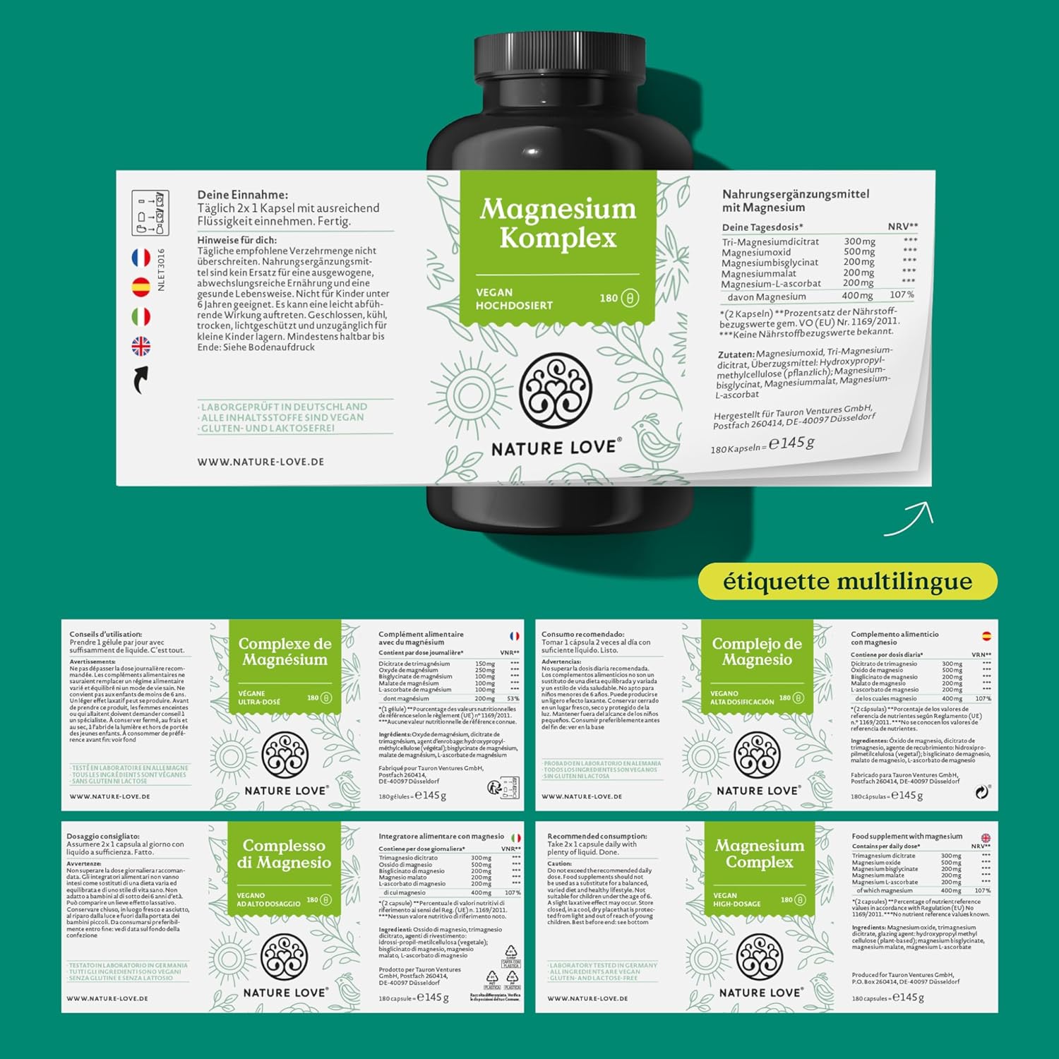 NATURE LOVE® Magnesium Complex - 180 capsules - 400mg of elemental magnesium per daily dose - magnesium in citrate, oxide, bisglycinate, malate and ascorbate forms - vegan, highly dosed - Image 6