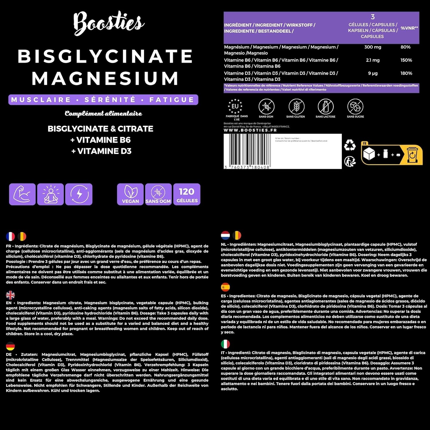 Magnesium Bisglycinate, Enriched with Vitamin B6 & D3 - 1927mg Magnesium - High Absorption - Reduce Fatigue, Relax & Sleep - Vegan, Non-GMO, Made in Europe - 120 Capsules - Image 10