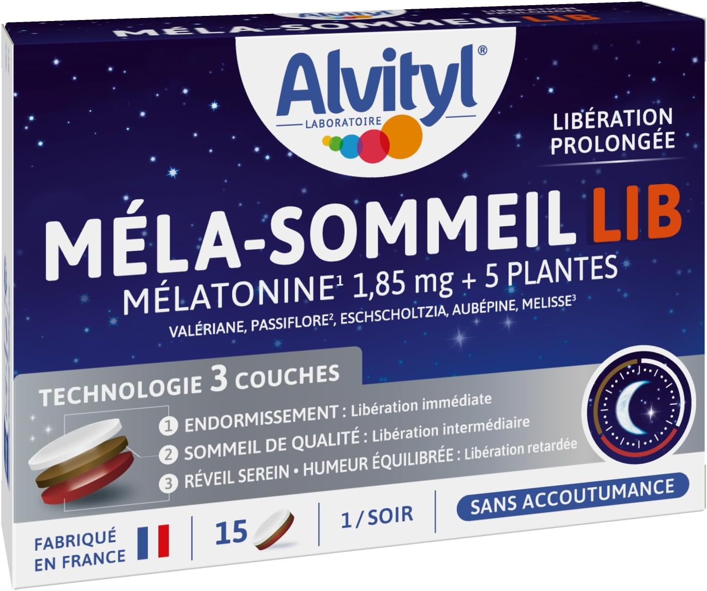 Alvityl Méla-Sommeil LIB Melatonin + 5 Plants - Prolonged Release Trilayer Tablet - Repairing Night - 15 Tri-Layer Tablets - Image 2