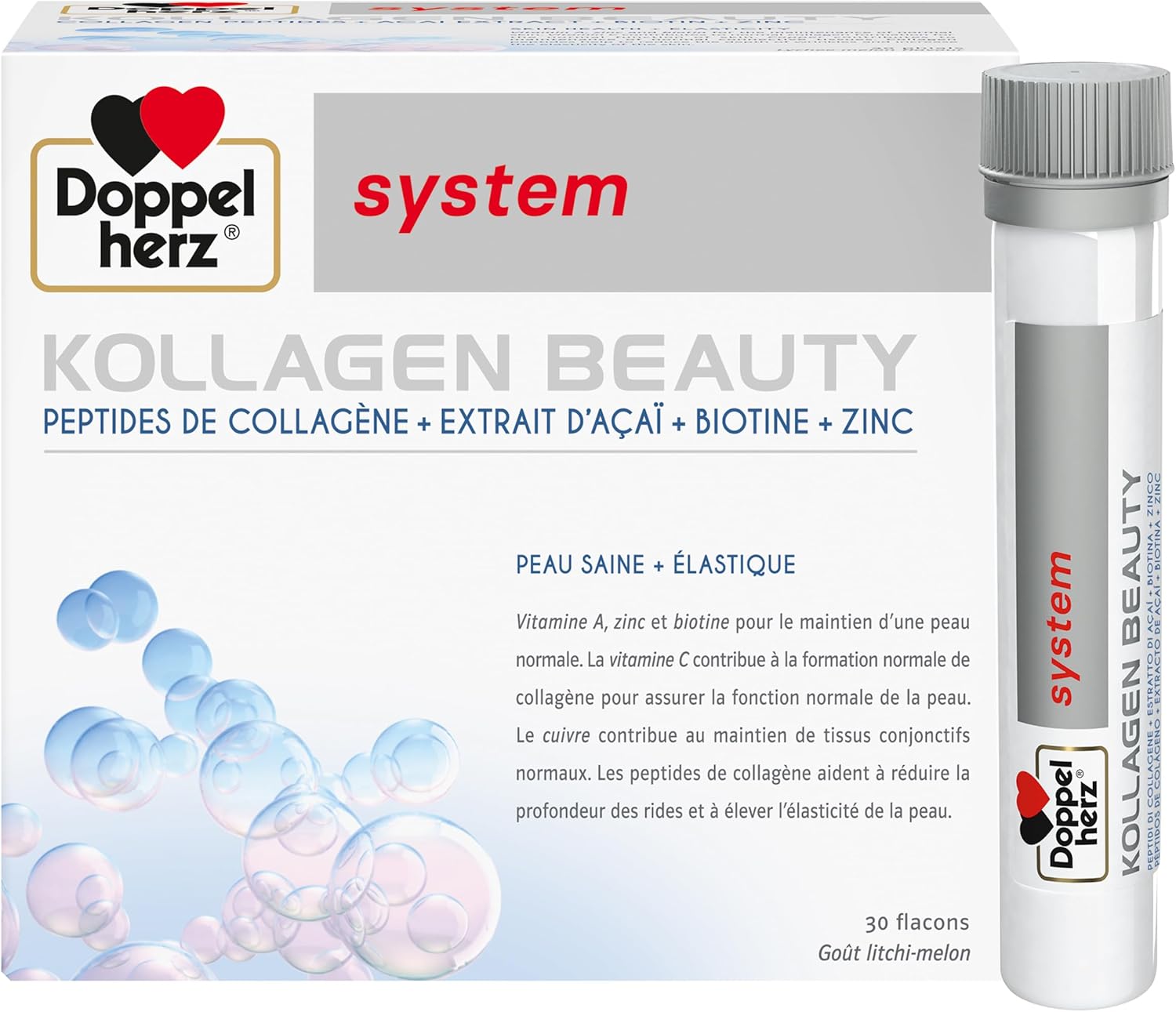 Doppelherz – Kollagen Beauty – Collagen Peptides for Healthy, More Elastic Skin – Acai Extract, Biotin and Zinc – Lychee-Melon Flavour – 30 Bottles of 25 ml - Image 2