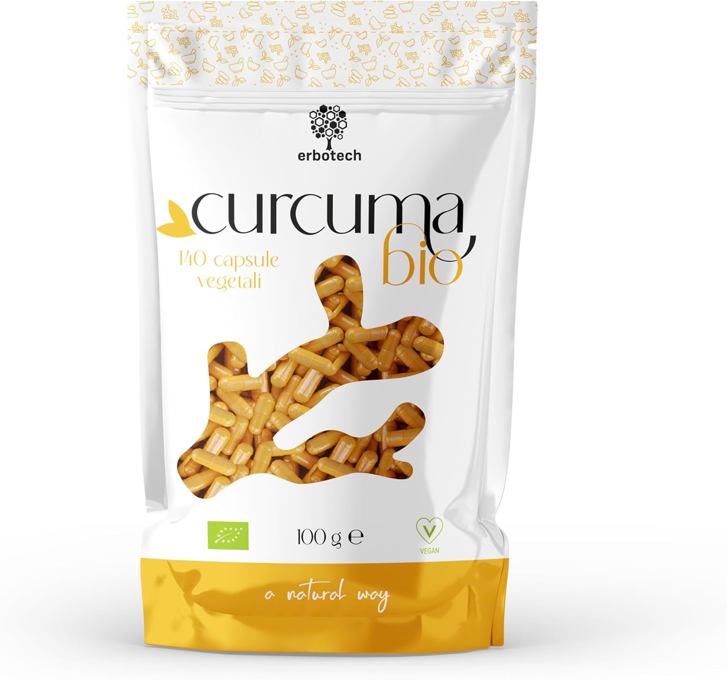 ERBOTECH ORGANIC Turmeric Capsules, 100 g pack, approx. 140 capsules, 100% pure and organic, concentrated and without additives, natural food supplement, vegan - Image 2