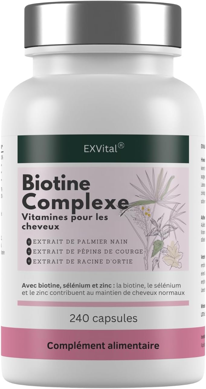 EXVital Biotin Complex, Hair Vitamins, With Dwarf Palm, Squash Seed and Nettle Root Extracts, 240 Vegan Capsules, Enriched with Selenium and Zinc, Lab Tested - Image 2