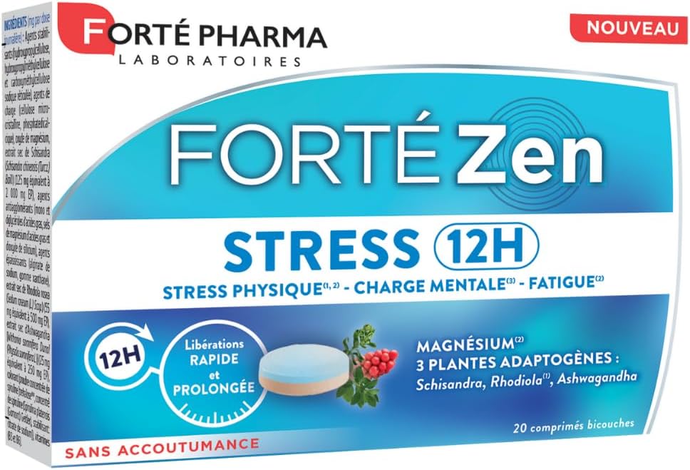 Forté Pharma - Forté Zen Stress 12H - Adult Fatigue Extended Release Dietary Supplement - Vitamin B6, Magnesium, Rhodiola, Ashwagandha, Spirulina - 20 Two-Layer Tablets, 1/Day - Image 2