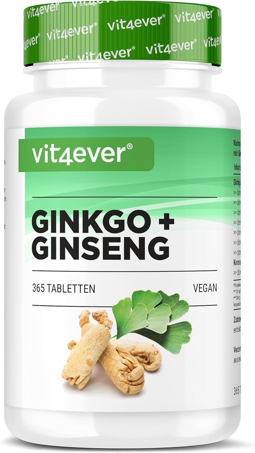 Ginkgo + Ginseng - 365 Tablets - Special Extract - High Dosed - Lab Tested - Ginkgo Biloba + Korean Ginseng - Vegan - Image 2