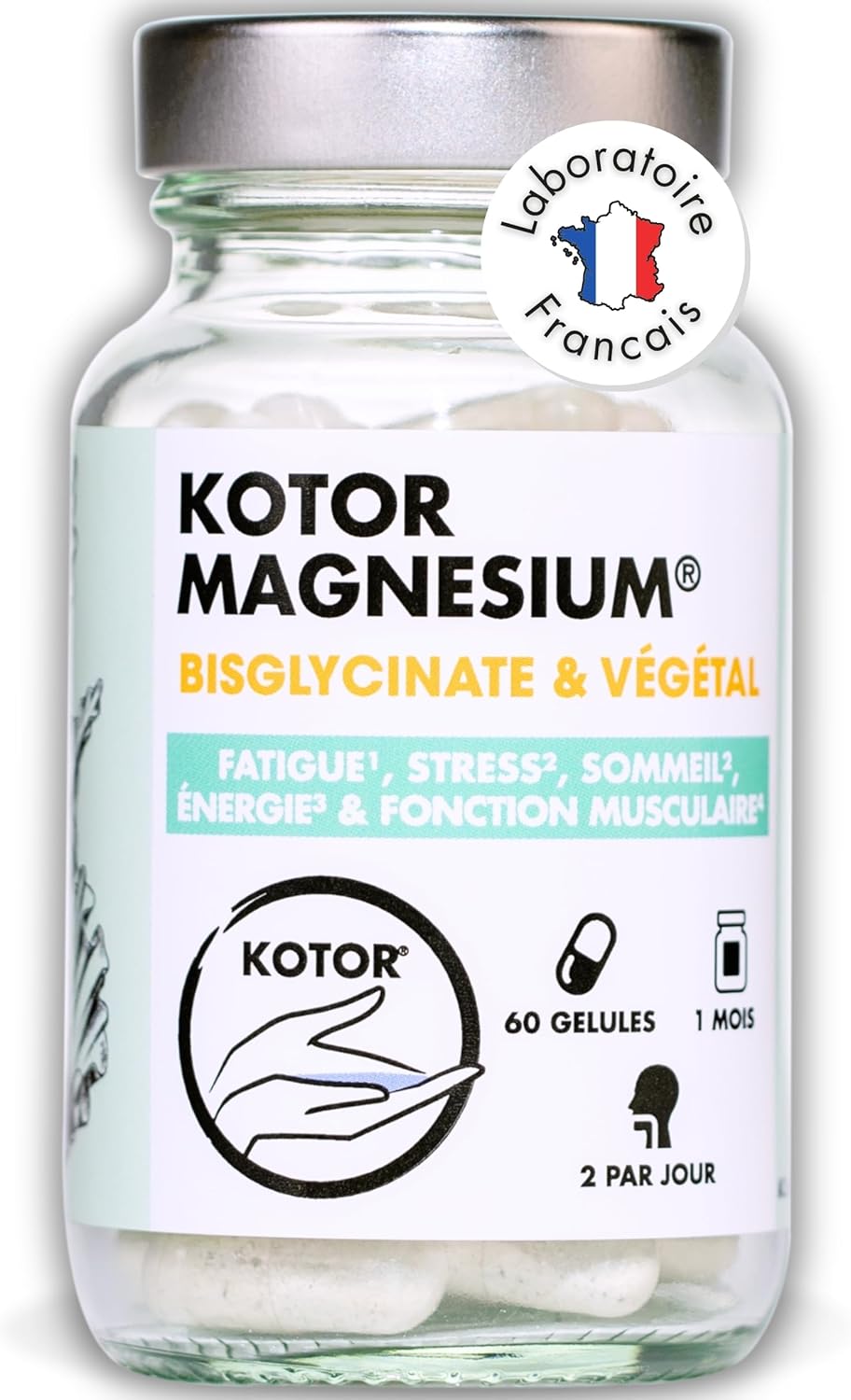 Magnesium Bisglycinate | 100% Natural | Fatigue, Stress, Sleep, Sport + Sea Lettuce + Vitamin B6 + Taurine | 60 Capsules | French | KOTOR PHARMA - Image 2