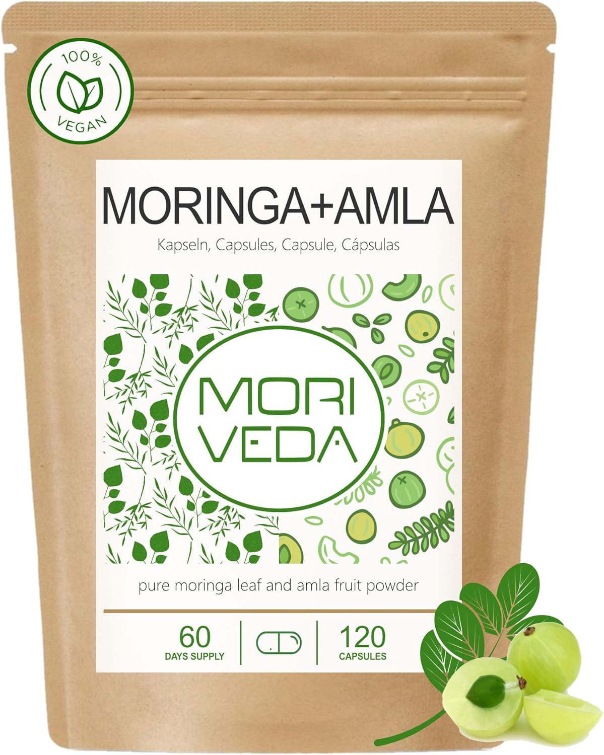 Moringa+Amla capsules 600mg - immune system and energy - 2 months supply - high dose, moringa- and amla powder - vitamin C - vegan and gluten free - 120 capsules per MoriVeda - Image 2