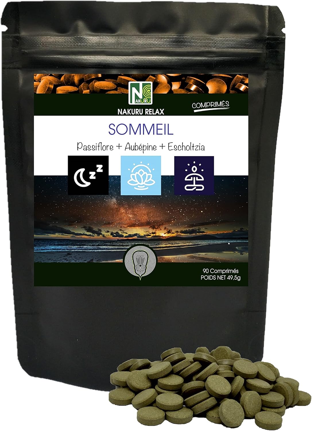 NAKURU | Sleep = Passionflower + Hawthorn + Escholtzia | Relax Range | Made in France | (90 Tablets of 550mg / Net Weight: 49.5g) - Image 2