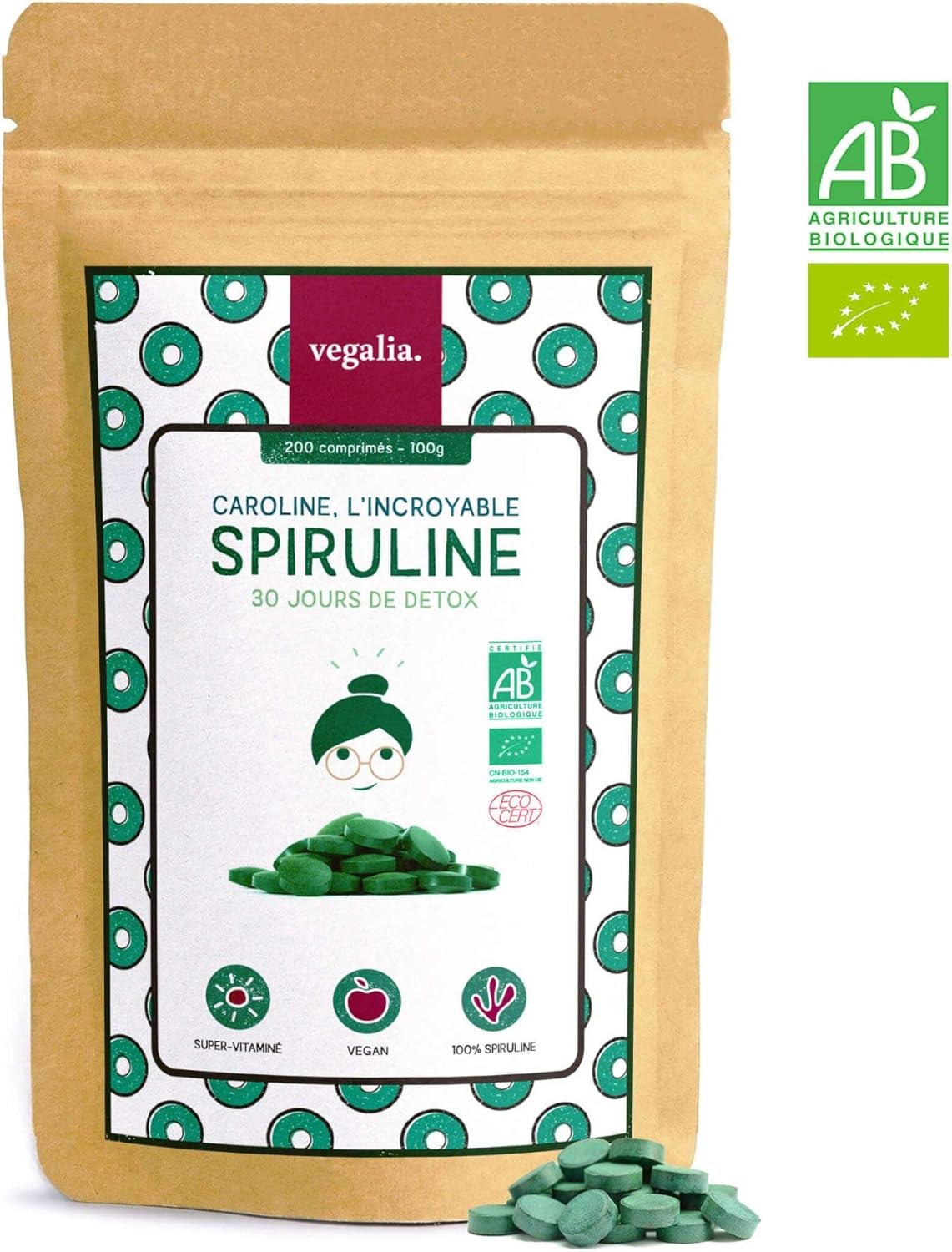 Organic Spirulina Ecocert France certified, 200 cold pressed tablets, 100% pure and natural. - Image 2