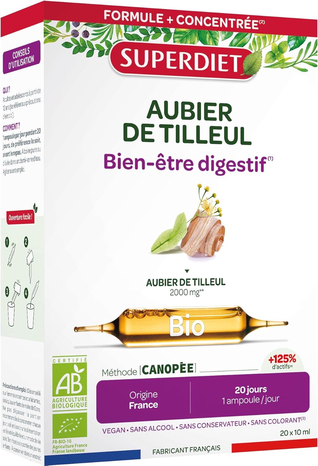 SUPERDIET - Organic Linden sapwood - Digestive well-being - 100% Pure juice - Made in France - 20 ampoules of 10 ml - Image 2