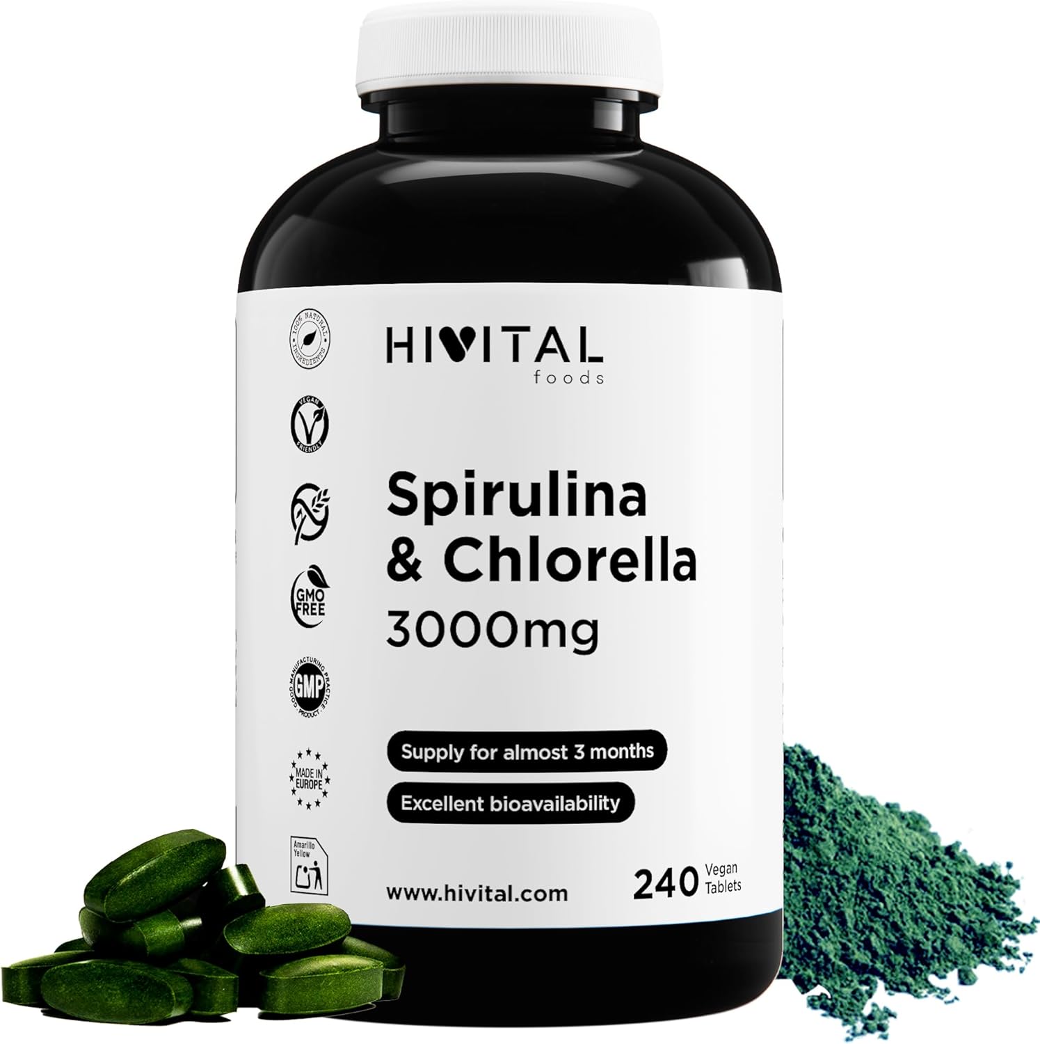 Spirulina and Chlorella 3000 mg. 240 vegan tablets for almost 3 months of treatment. Natural proteins from Spirulina and Chlorella algae. Made in Europe by HIVITAL - Image 2