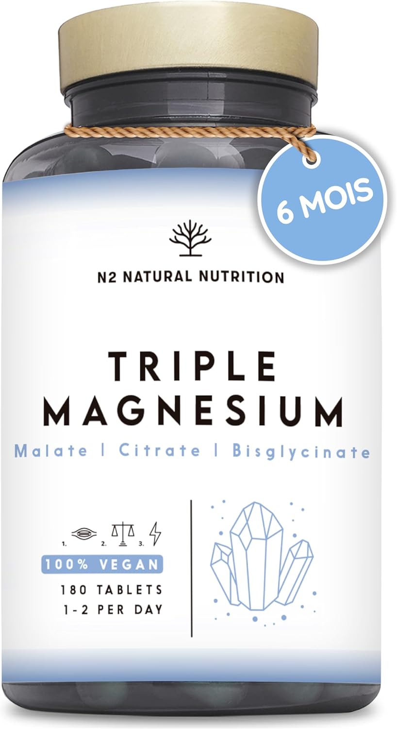 Triple Magnesium Bysglicinate, Magnesium Citrate and Magnesium Malate. 180 tablets (6 months) Multiple Benefits: Digestion, Muscles, Nervous. Anti Stress and Fatigue. 220 mg. N2 Natural Nutrition - Image 2