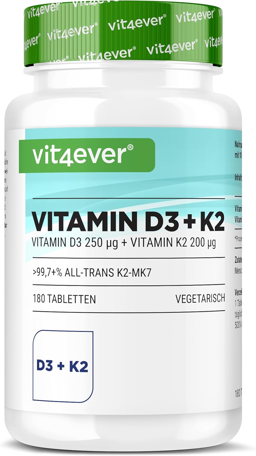 Vitamin D3 10,000 I.E + Vitamin K2 200 mcg Menaquinone MK7 Depot - 180 Tablets - 99.7+% All-Trans - Vegetarian - High Dosed - Image 2
