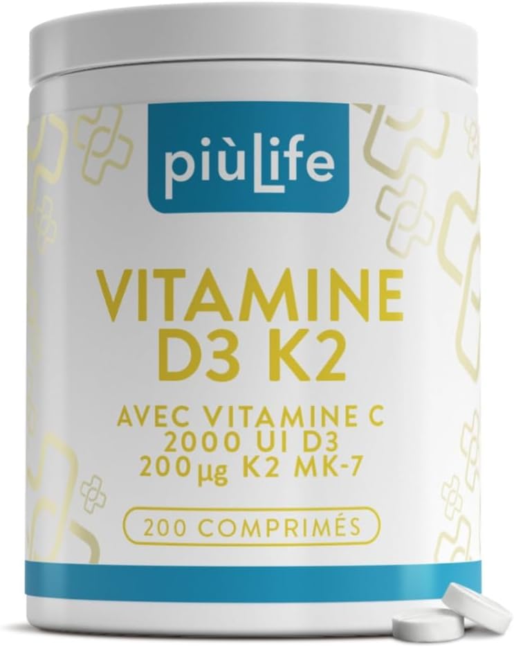 Vitamin D3 K2 Mk7 With Vitamin C 200 Tablets Piulife® Vitamin D 2000 IU, Vitamin K2 200mcg, Vit C 125mg, Vitamins For Teeth Bone, Adult Immunity, Boost Energy, D3 K2 Natural - Image 2