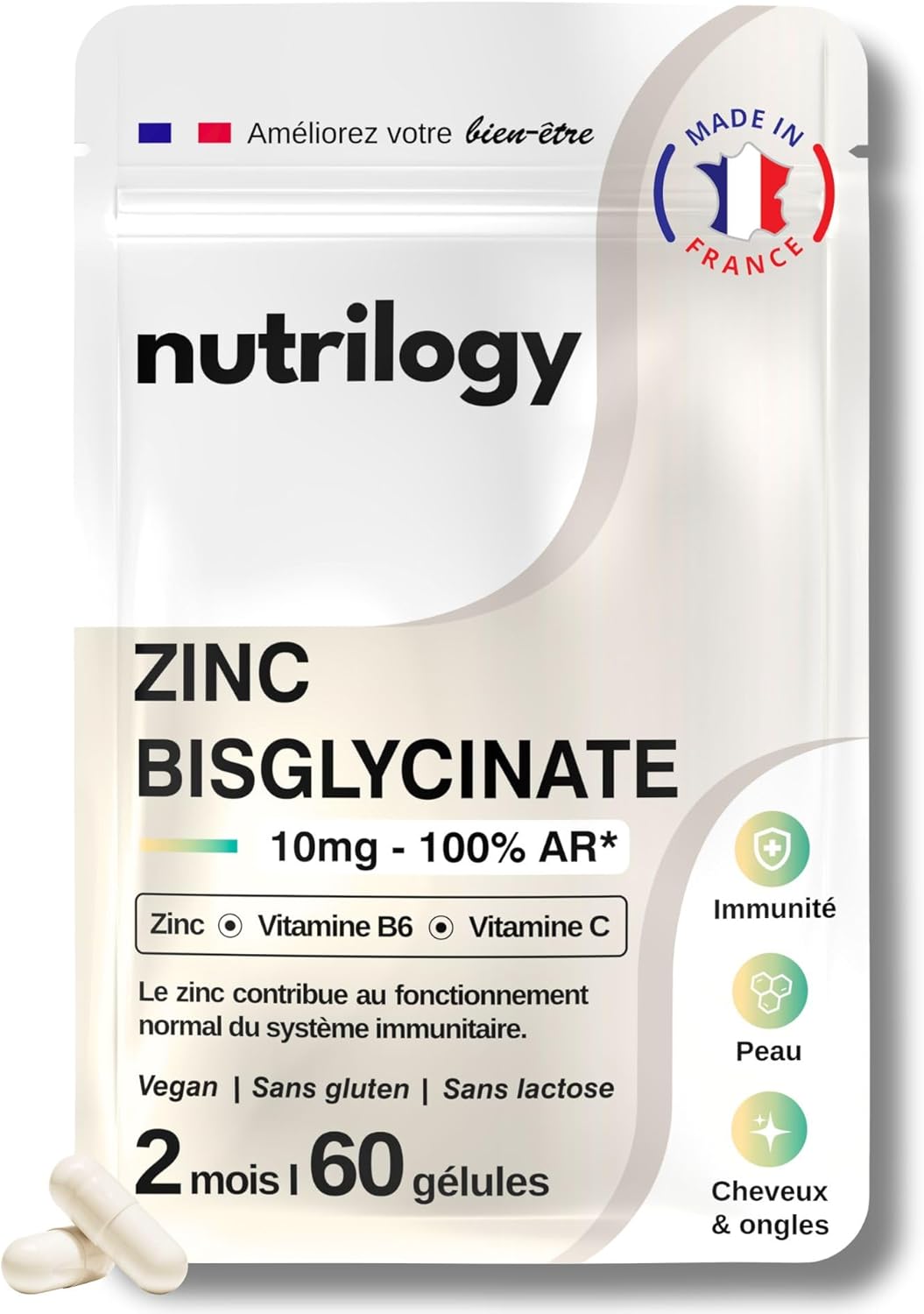 Zinc Bisglycinate 10mg | High Absorption & Optimal Assimilation | With Vitamins C and B6 | Immunity, Skin, Hair & Nails | 2 Months - 60 Capsules | Vegan & Made in France | NUTRILOGY - Image 2