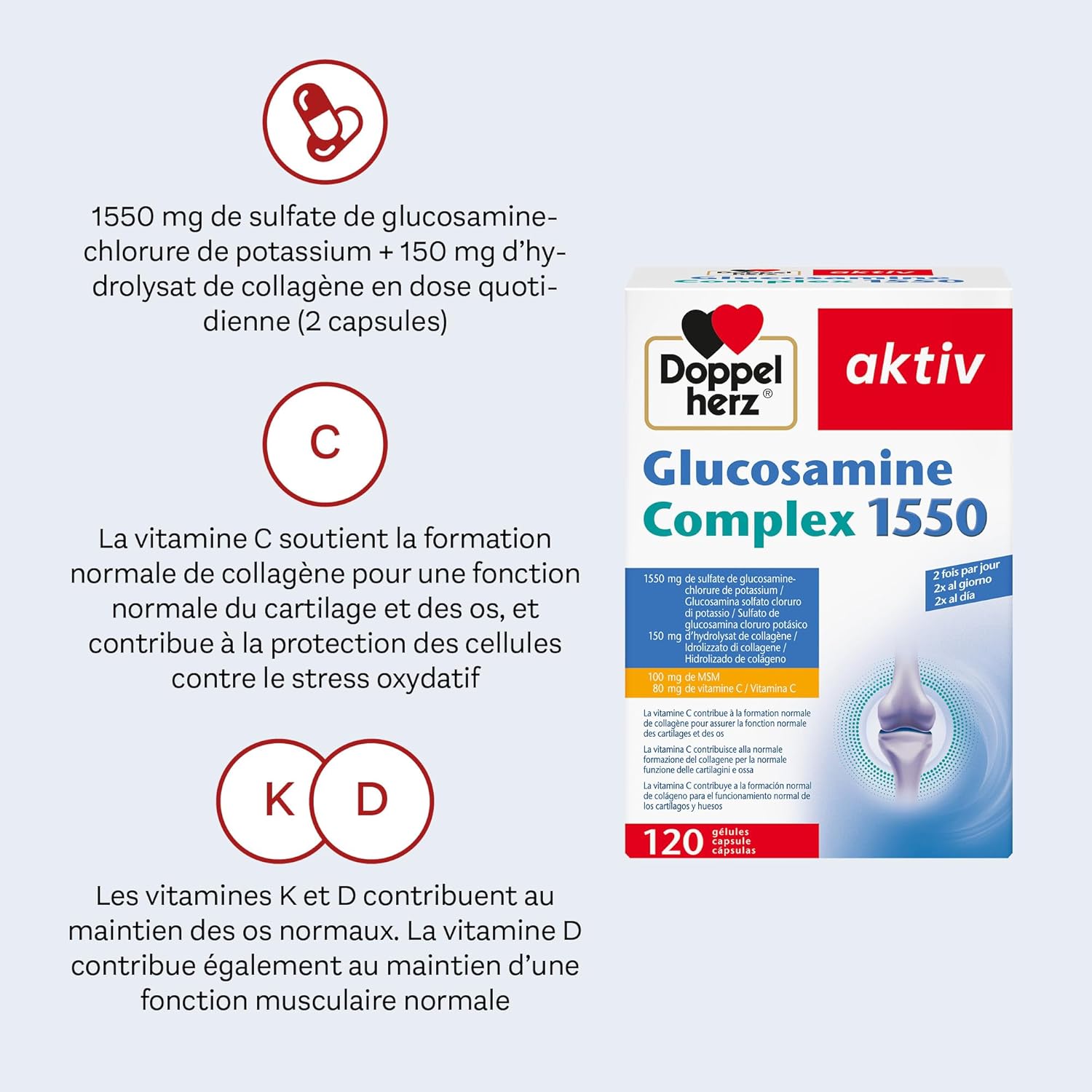 Doppelherz Glucosamine Complex 1550 - Collagen + MSM + Vitamin C - as a contribution to normal collagen formation for normal cartilage function - 120 capsules - Image 3