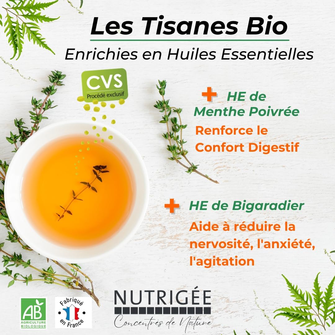 NUTRIGÉE - Organic Herbal Tea - Wellness - Relaxation & Digestion - Chamomile, Verbena, Lime, Bigaradier, Peppermint - Peppermint Essential Oils - 20 Sachets - Image 4
