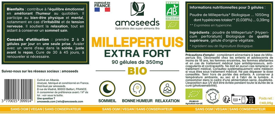 St. John's Wort Organic | Hypericin Concentrate | Low Morale, Good Mood, Anti-stress, Sleep | 90 Vegan Capsules of 350mg | Top Quality - Image 7