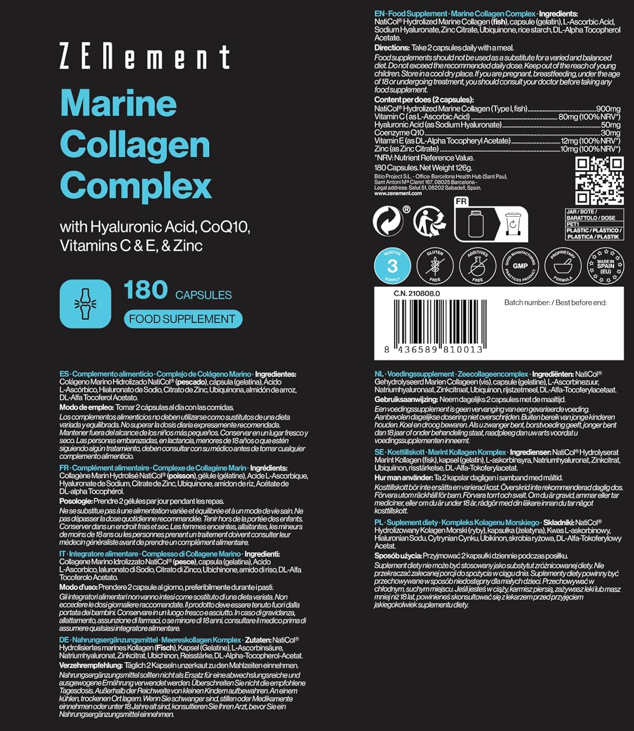 Marine Collagen Complex, with Hyaluronic Acid, CoQ10, Vitamins C & E and Zinc, 180 Capsules | Joint Supplement, Skin & Bone | Preservative Free | Zenement - Image 5