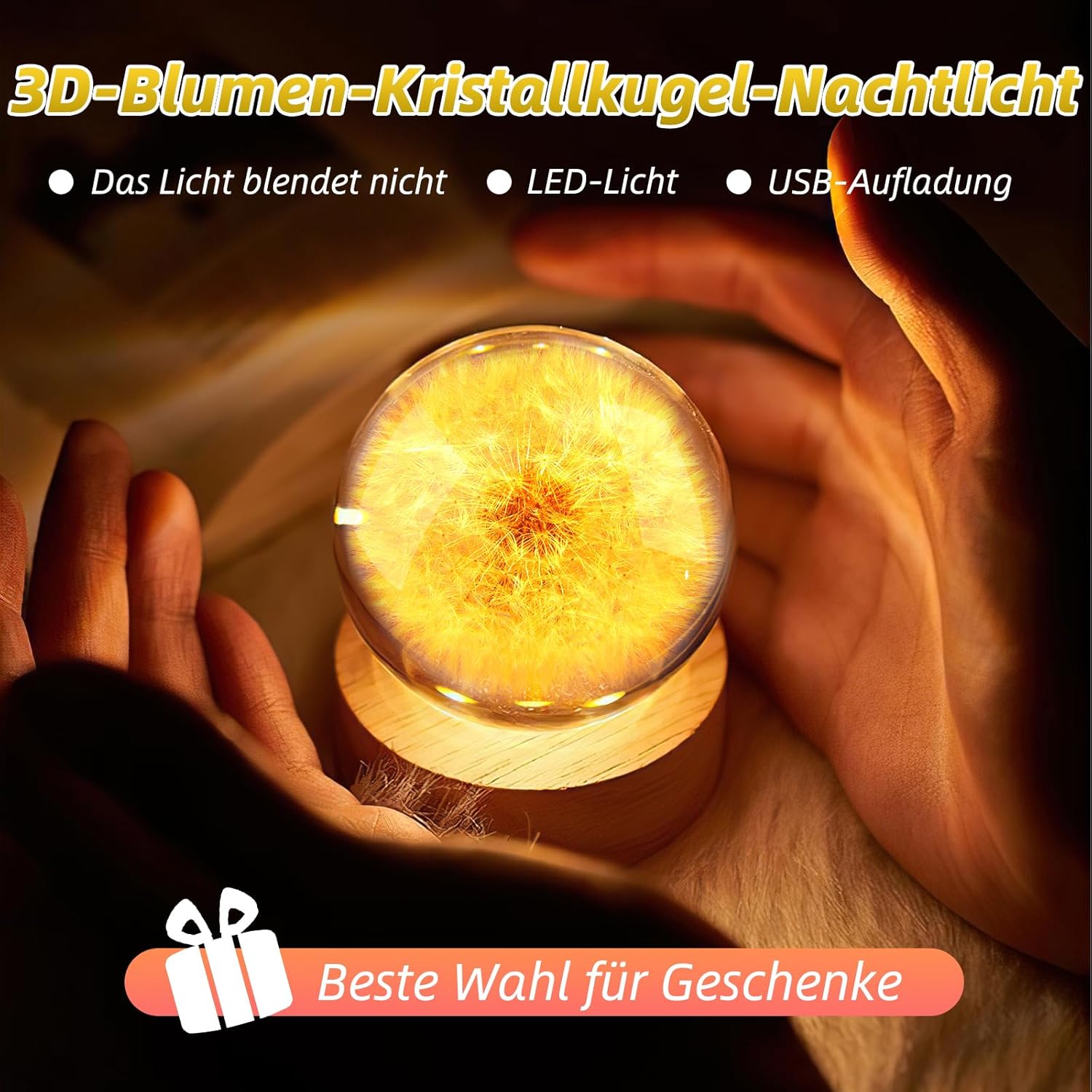 Dandelion Crystal Ball Night Light, 2.75 Inch Wooden Base Night Light Home Decor with USB Power Gift for Men Women Kids Boys Girls Teens (Dandelion) - Image 3