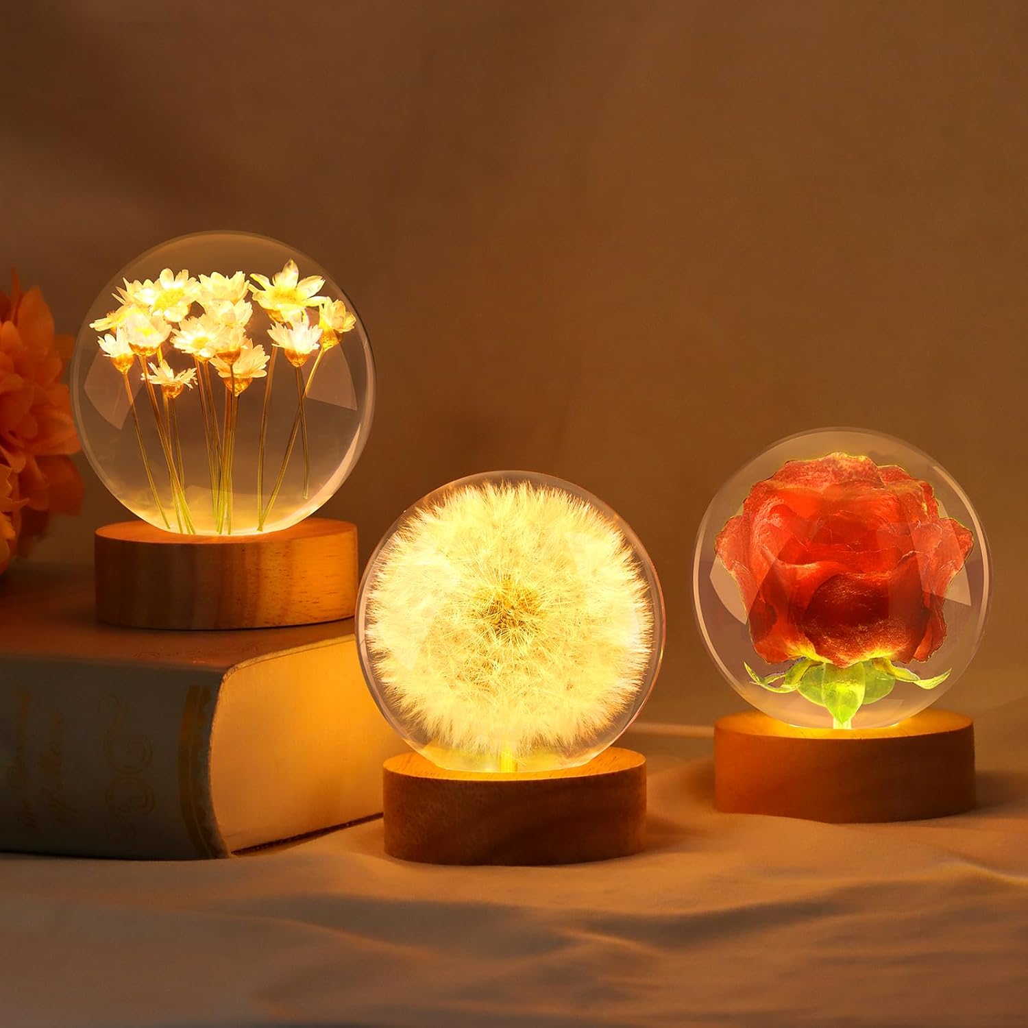 Dandelion Crystal Ball Night Light, 2.75 Inch Wooden Base Night Light Home Decor with USB Power Gift for Men Women Kids Boys Girls Teens (Dandelion) - Image 9