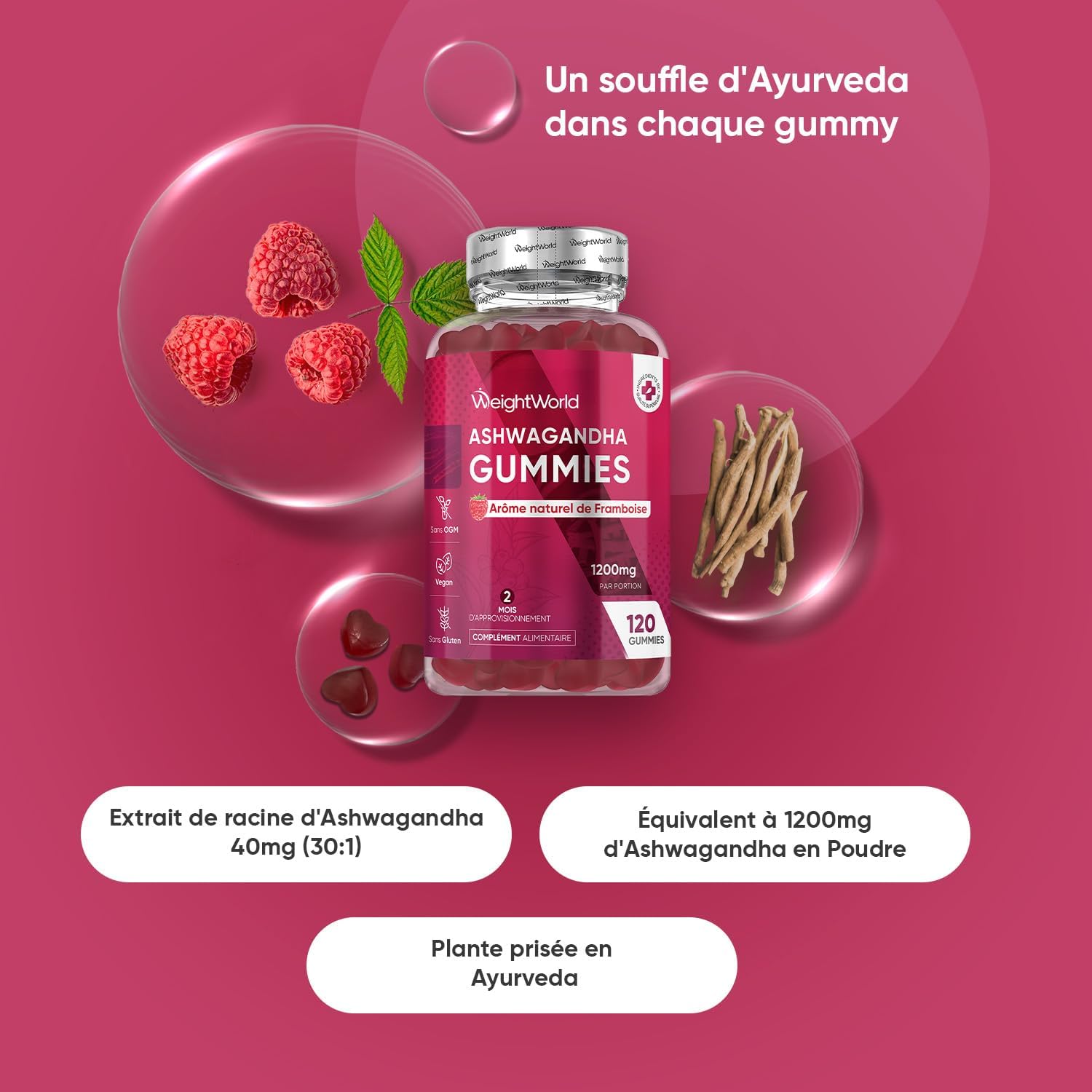 Ashwagandha Gummies 1200mg, 120 Ashwagandha Vegan Gummies with Raspberry Taste, Indian Ginseng Withania Somnifera for 2 Months - Alternatives to Capsules and Tablets - Image 3