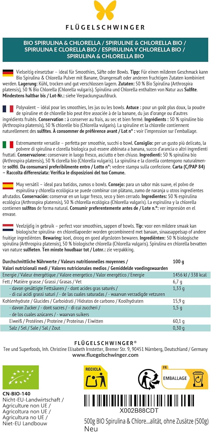 500g Spirulina & Chlorella Organic Powder – 100% Natural, Compliant with EU Organic Regulation, Dried at Low Temperature, No Additives - Image 5