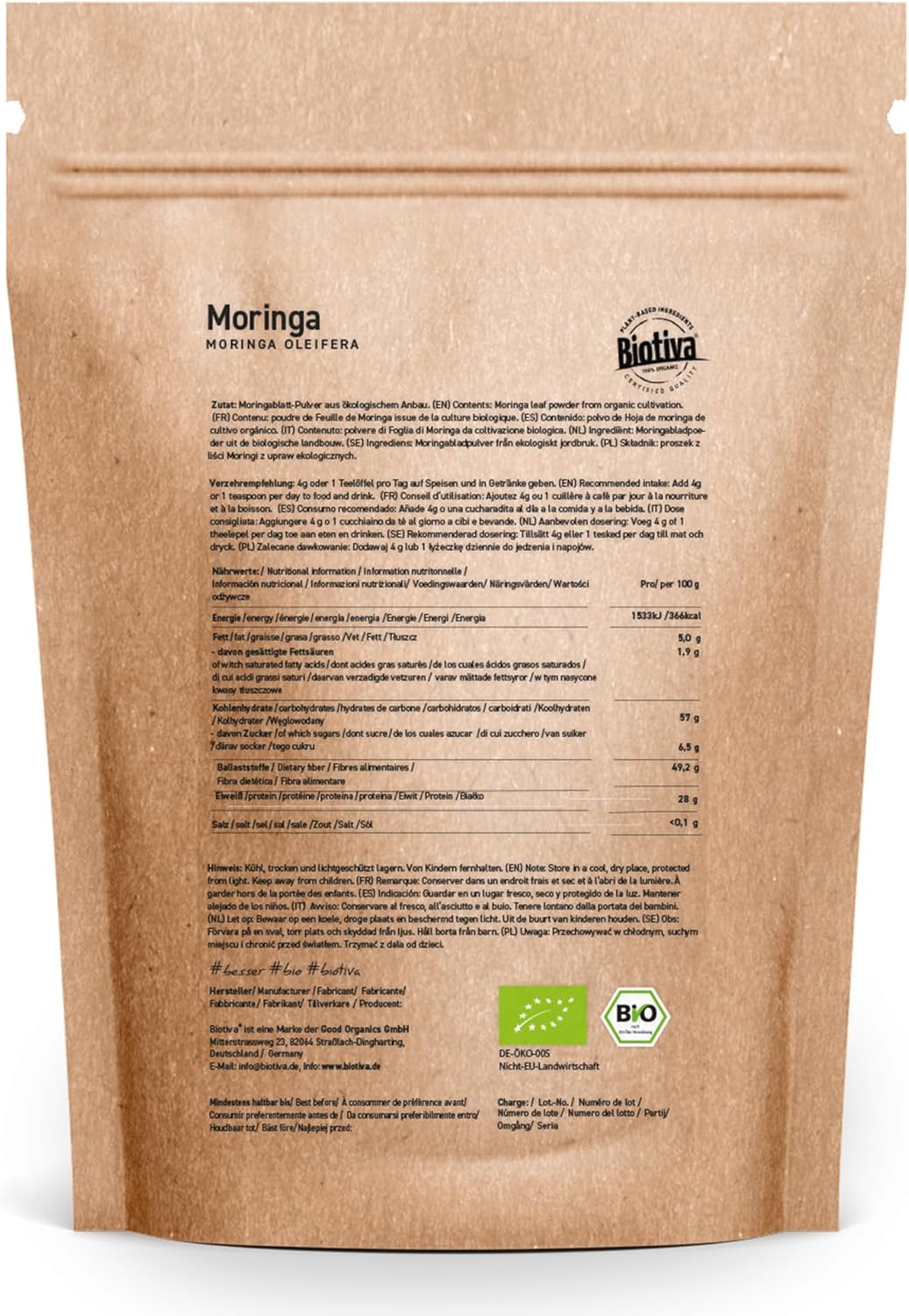 Organic Moringa Powder 250 g - Horseradish Tree - Moringa oleifera - Vegan - Packaged and controlled in Germany - Biotiva - Image 3