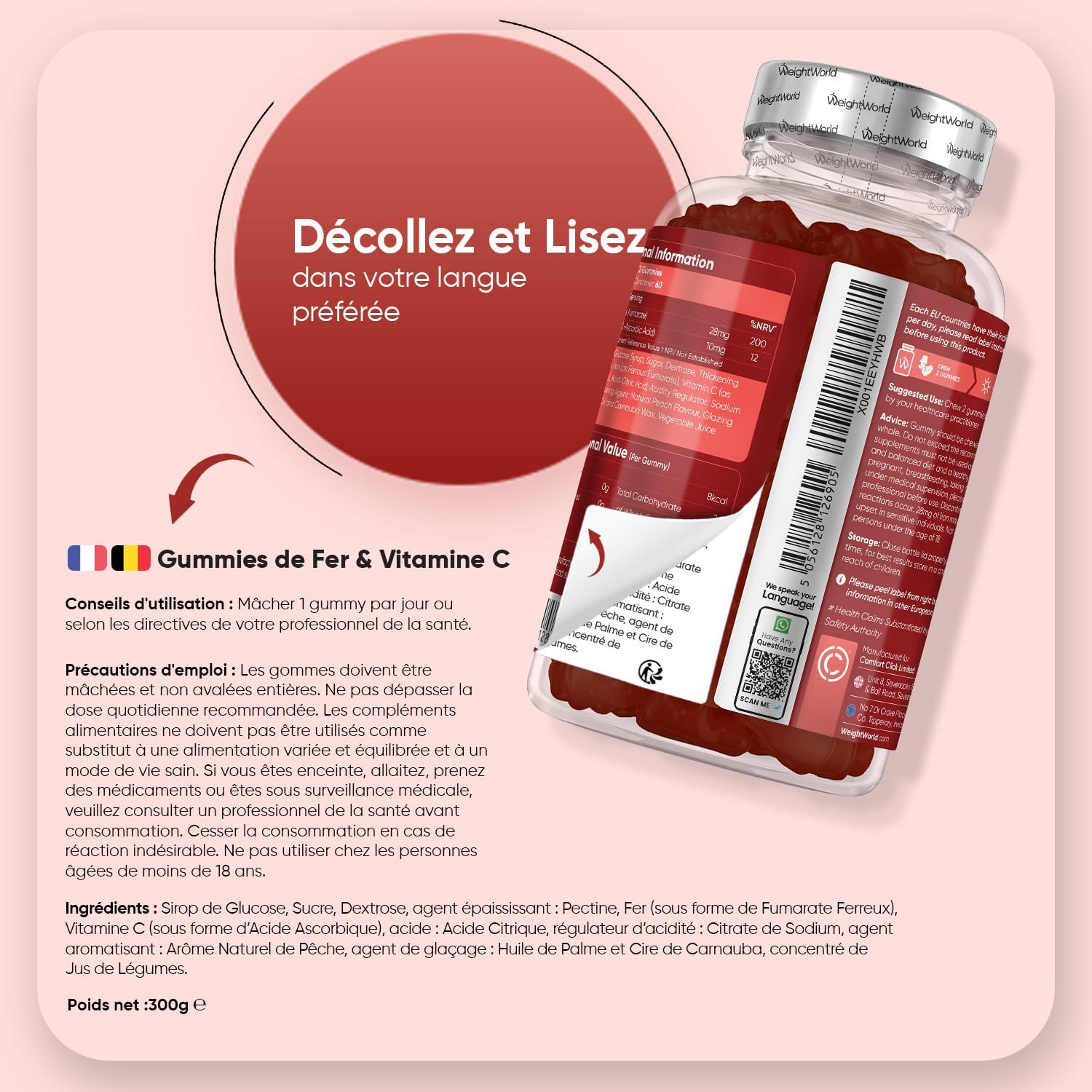 Iron Gummies & Vitamin C - 120 Vegan Gums (for 4 Months) Low Sugar, Vitamin C Gummies (in the form of L-Ascorbic Acid) with Iron, Natural Peach Taste, Non-GMO, Gluten Free - Image 5