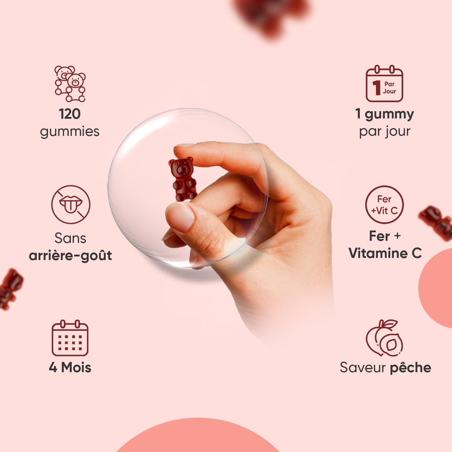 Iron Gummies & Vitamin C - 120 Vegan Gums (for 4 Months) Low Sugar, Vitamin C Gummies (in the form of L-Ascorbic Acid) with Iron, Natural Peach Taste, Non-GMO, Gluten Free - Image 7