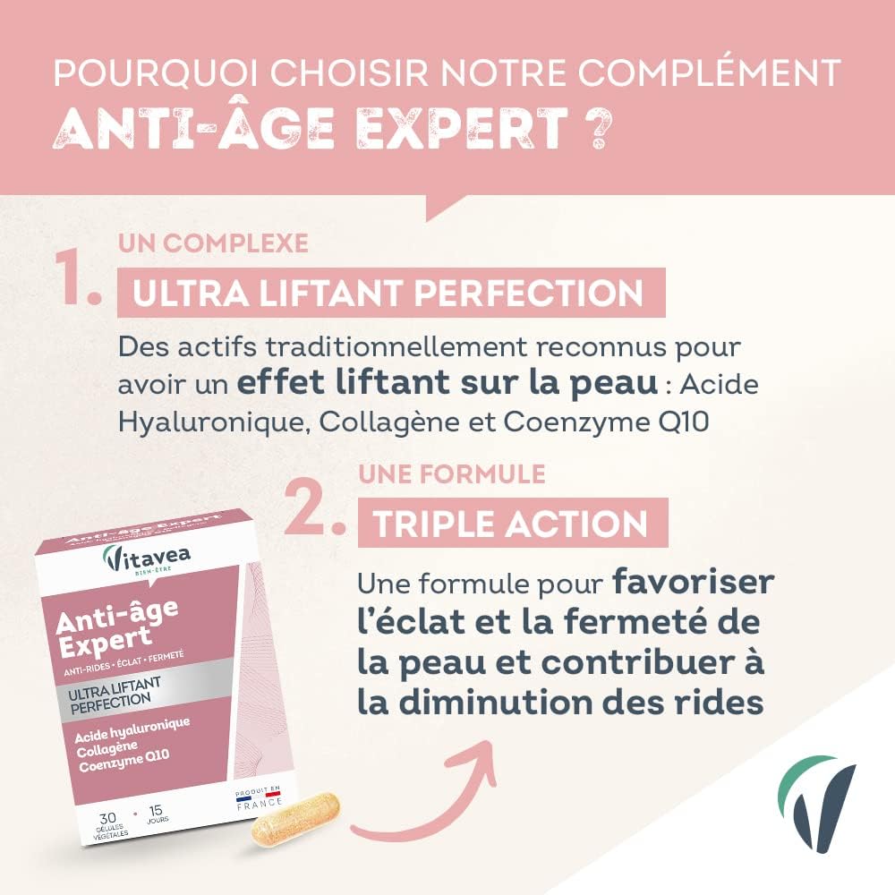 Vitavea Expert Ultra Liftant Anti-Age/Wrinkles Supplement Brilliance, Firmness - Hyaluronic Acid, Collagen, Coenzyme Q10, Zinc - 30 Capsules - 15 Day Cure - Made in France - Image 4