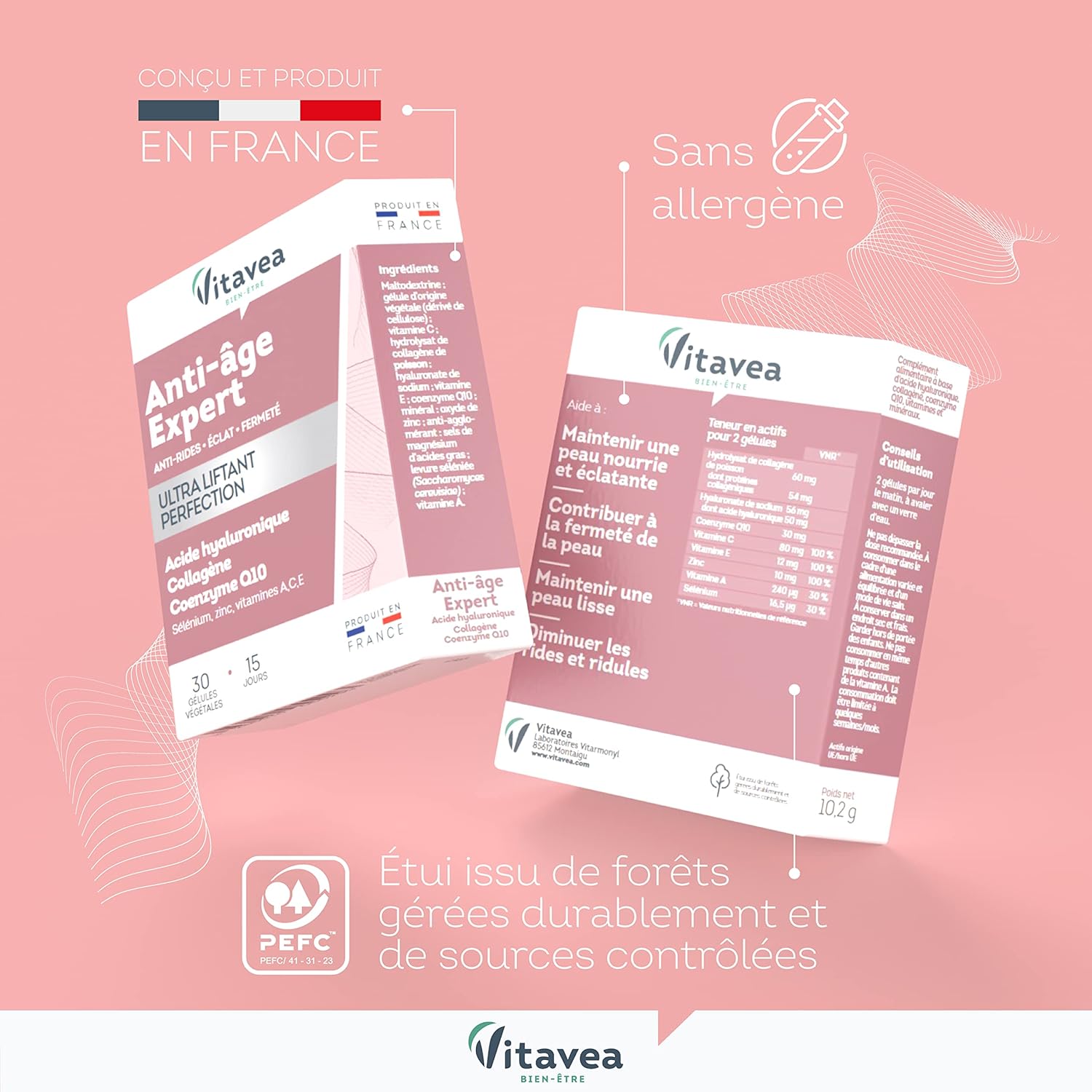 Vitavea Expert Ultra Liftant Anti-Age/Wrinkles Supplement Brilliance, Firmness - Hyaluronic Acid, Collagen, Coenzyme Q10, Zinc - 30 Capsules - 15 Day Cure - Made in France - Image 5