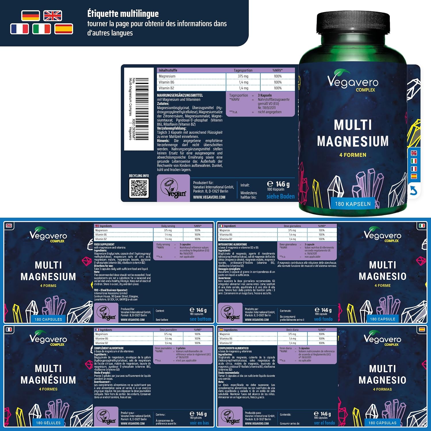 Magnesium Complex 375 mg | 180 Capsules | 4 FORMS - Bisglycinate, Malate, Citrate and Taurate | With Vitamin B2 & B6 | Superior Absorption | No Additives & Vegan | Vegavero® - Image 7