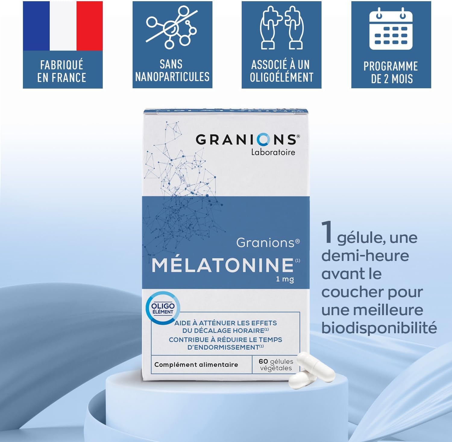 Melatonin GRANIONS | Adult Sleep Supplement | Melatonin 1mg Capsules with Magnesium | Sleeping Pills, Restful Sleep, Jetlag | Made in France | 60 Capsules - Image 4