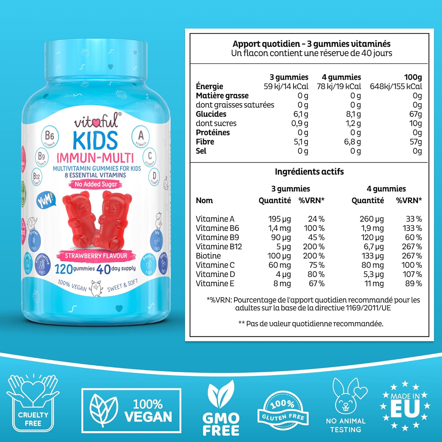 Kids Vitamins for Children - Gummies Multivitamin Immune Defenses - Vitamins A,B,C,D,E - Natural Prebiotic Fibres - Sugar Free - 100% Vegan - 120 Gummies - Image 7