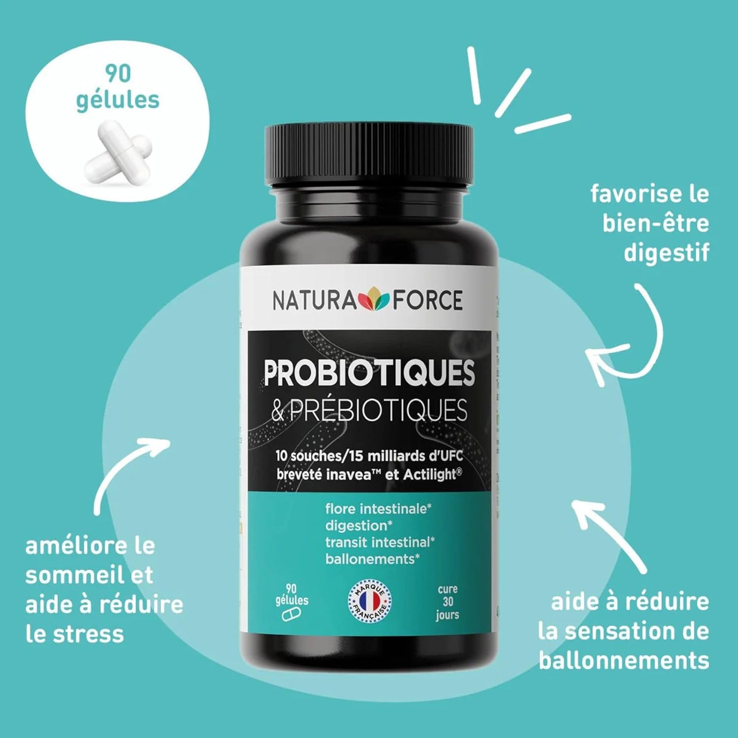 NATURA FORCE - Probiotics - Prebiotics - Improves the Intestinal Flora - Made in France - 90 capsules - Image 3