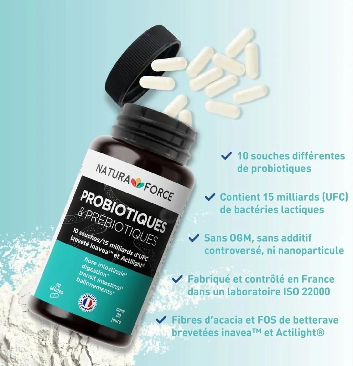 NATURA FORCE - Probiotics - Prebiotics - Improves the Intestinal Flora - Made in France - 90 capsules - Image 4