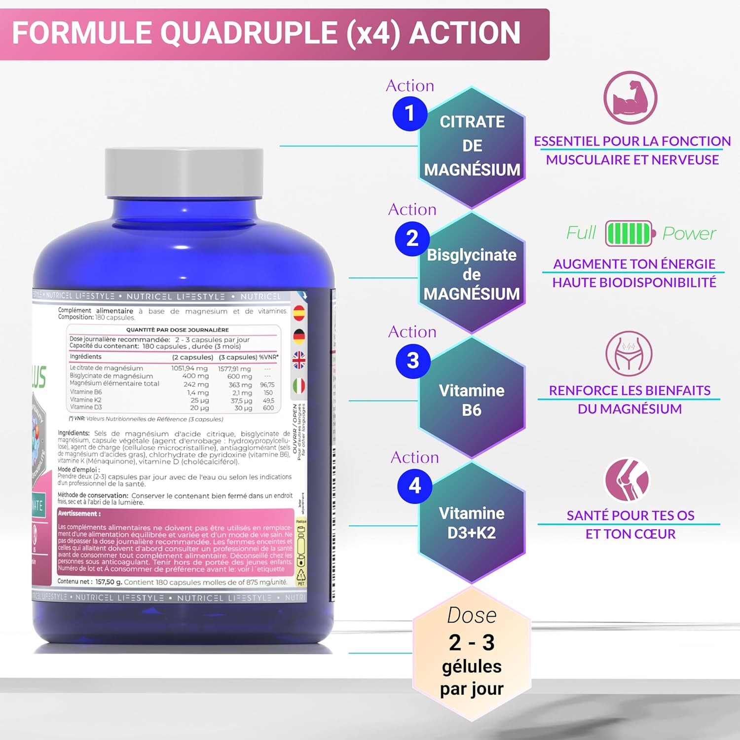 Magnesium Bisglycinate + Citrate - 2177mg - Vitamin B6, D3 and K2 | Fatigue | Magnesium Bisglycinate and Magnesium Citrate | Up to 4 Months | 180 Capsules Vegan - Image 3