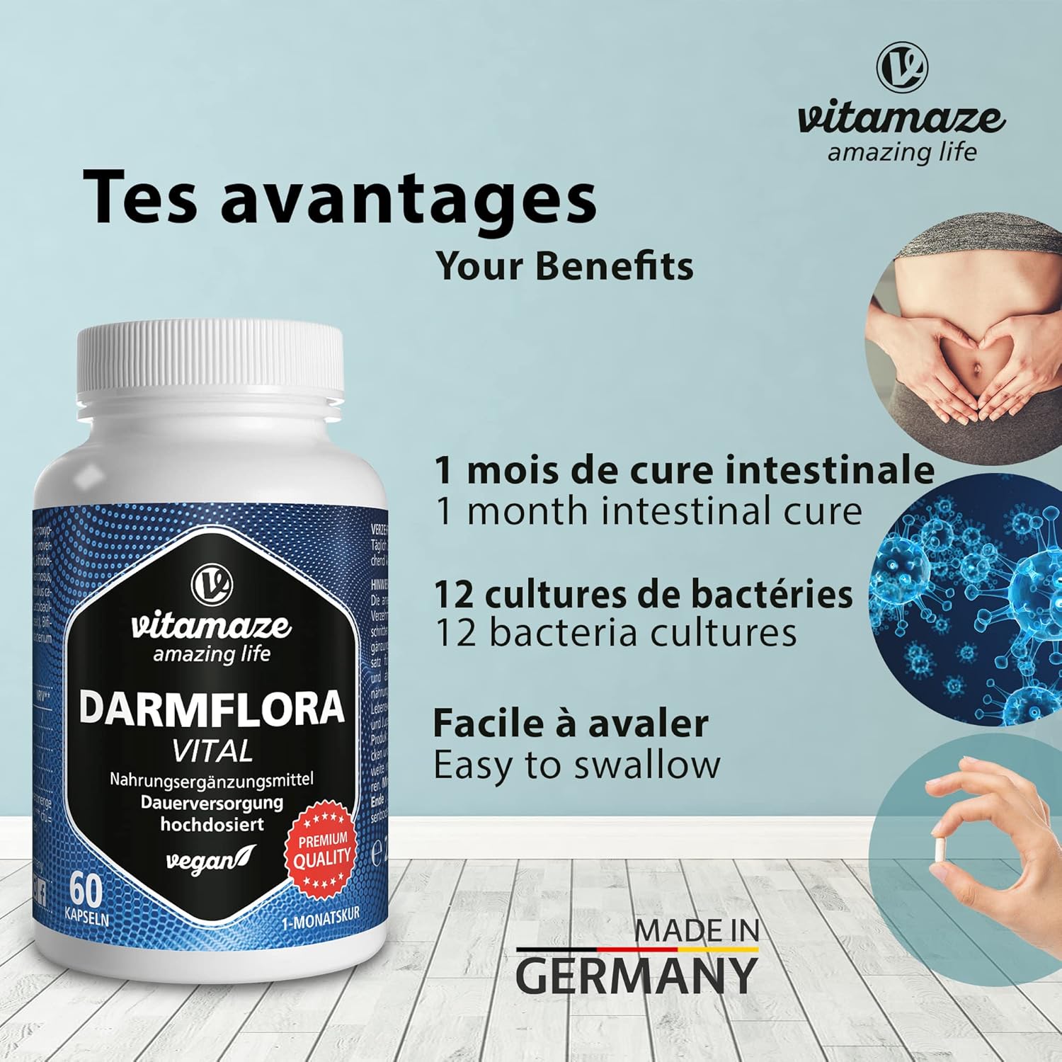 Probiotic Intestinal Flora - 12 Cultures of Bacteria for Gut Microbiota with Inulin, Lactobacillus & Bifidobacterium - 16.2 Billion CFU - 60 Vegan Capsules for 1 Month - German Quality - Image 3