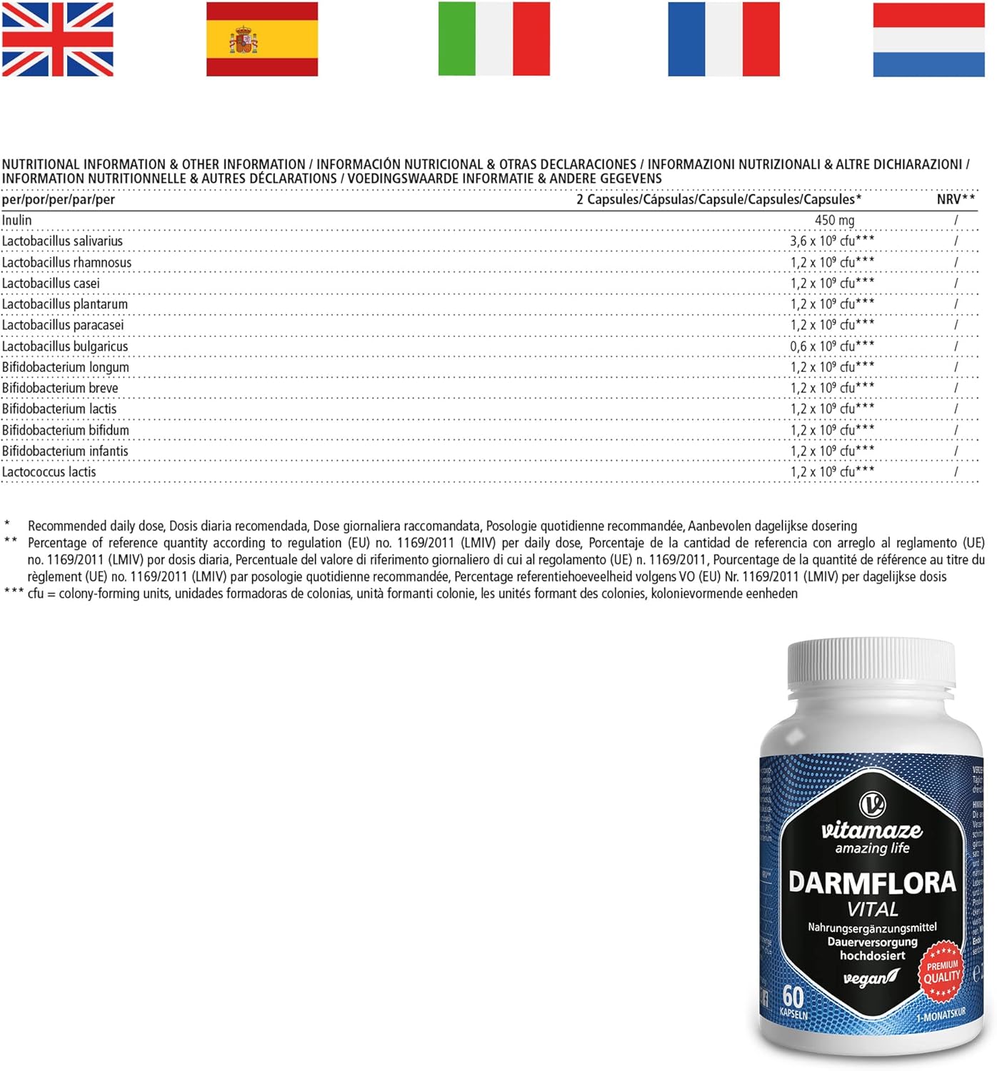 Probiotic Intestinal Flora - 12 Cultures of Bacteria for Gut Microbiota with Inulin, Lactobacillus & Bifidobacterium - 16.2 Billion CFU - 60 Vegan Capsules for 1 Month - German Quality - Image 9