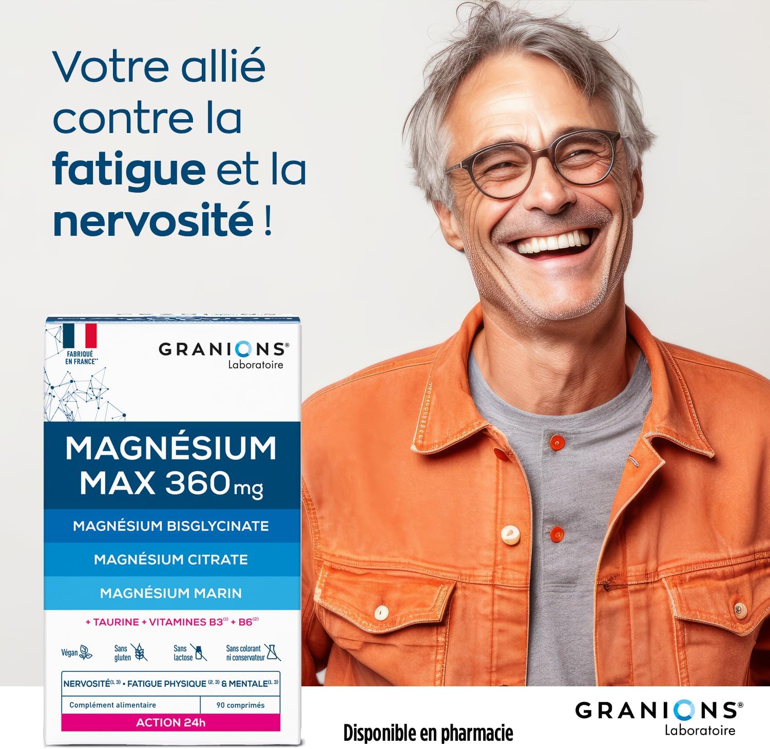 Magnesium Max 360 GRANIONS - Magnesium Bisglycinate, Magnesium Marin, Magnesium Citrate - Anti-Stress Dietary Supplement - Vitamin B6, Fatigue Stress - 24H Action - 90 Tablets - 1 Month - Image 6