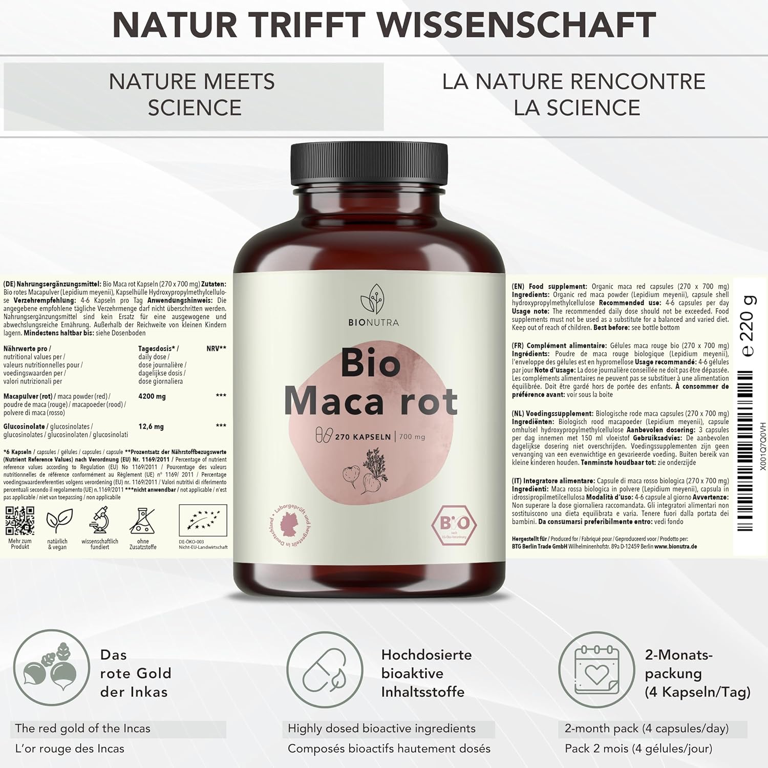 BIONUTRA High Dosed Organic Maca Capsules 4200 mg/day, Residue Controlled, German Manufacture, Vegan, Lactose Free, Gluten Free, No Additives, 270 Pieces x 700 mg - Image 3