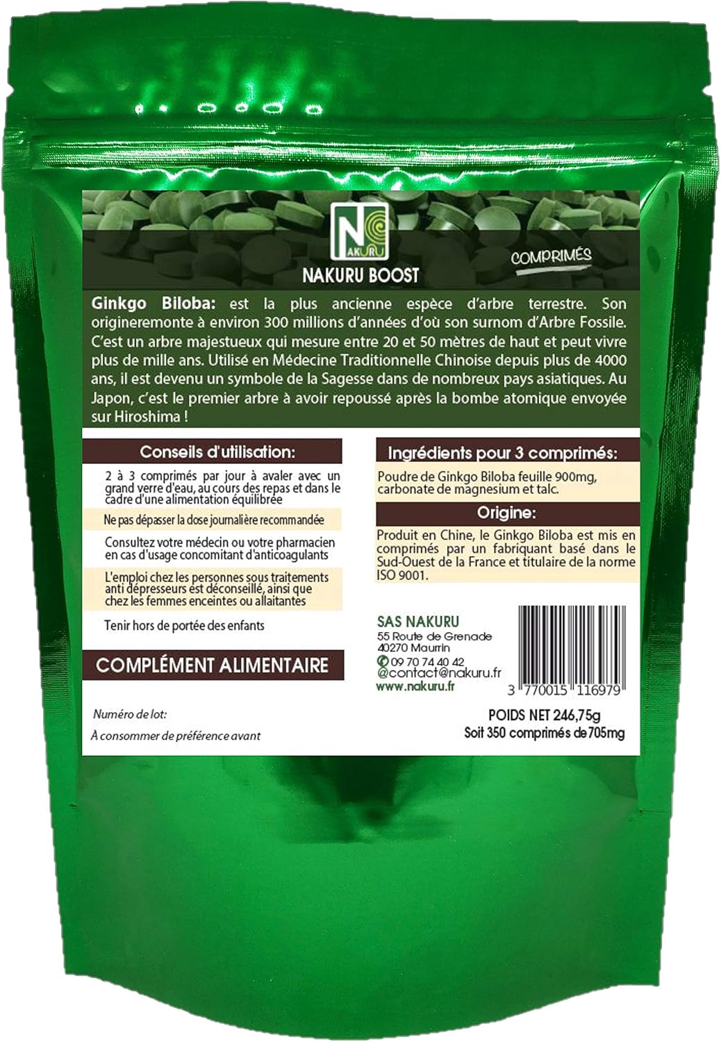 NAKURU | Ginkgo Biloba | Boost Range | Made in France | "The Fossil Tree!" | (350 Tablets of 705mg / Net Weight: 245g / Green) - Image 3